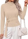 PRETTYGARDEN Women Long Sleeve Belted Business Casual Beige Large in Beige