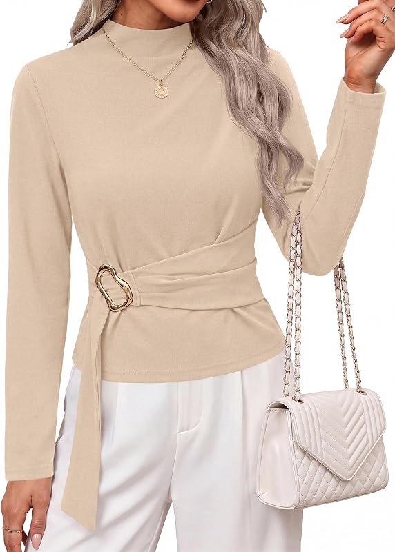 PRETTYGARDEN Women Long Sleeve Belted Business Casual Beige Large in Beige