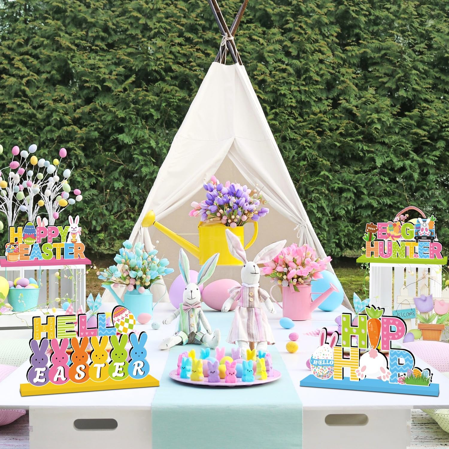 4Pcs Easter Decorations Wooden Table Centerpiece Happy Easter Table Decorations Bunny Colorful Egg Carrot Truck Tabletop Tiered Tray Decor for Home Office Party Decor Supplies