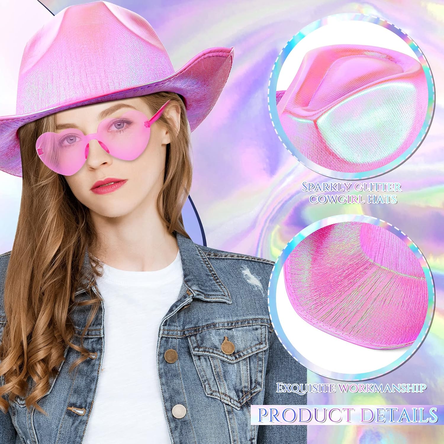 Haysandy 12 Pcs Holographic Space Hat with Rimless Sunglasses Neon Sparkly Hat and Heart Sunglasses for Women - Image 3