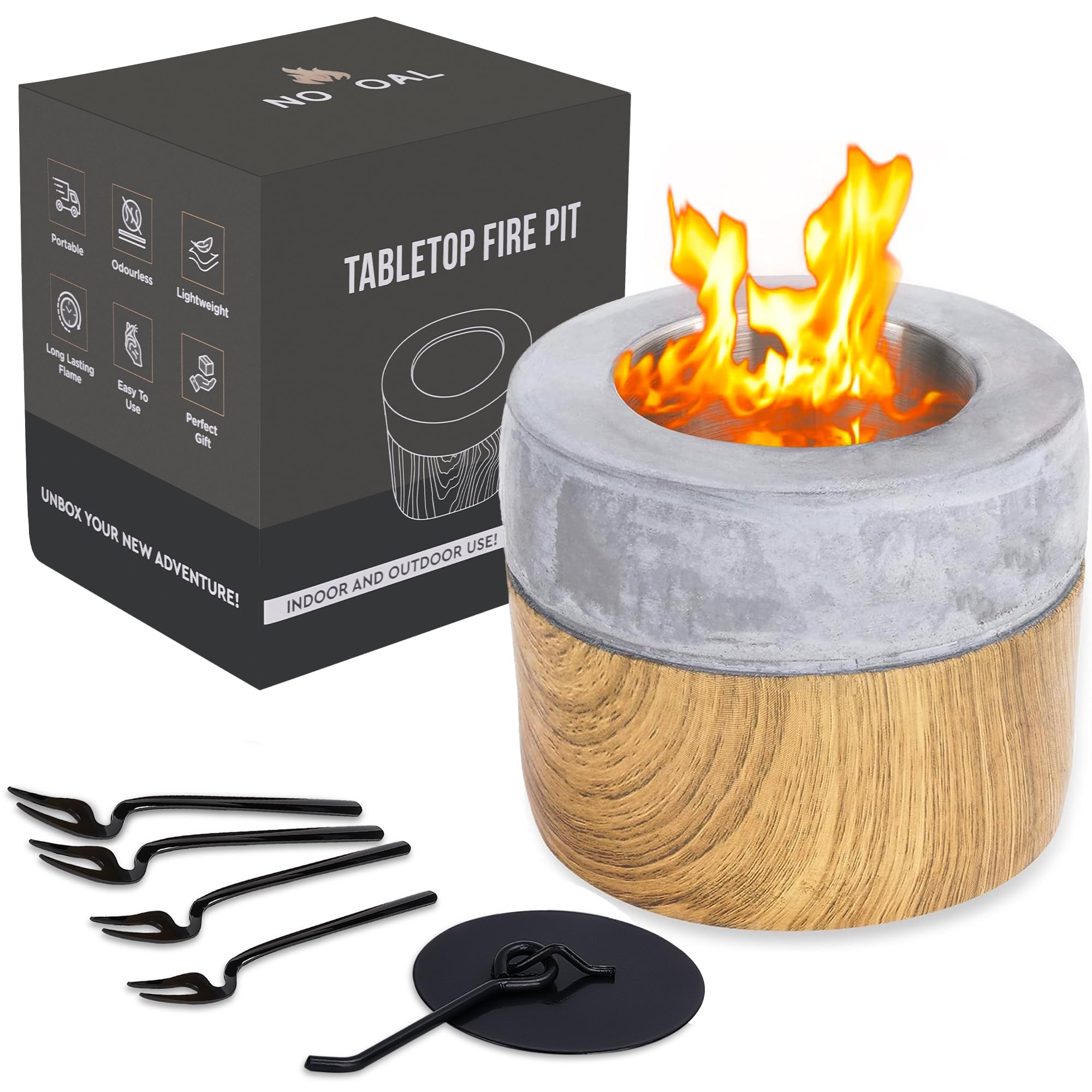 NOCOAL Tabletop Fire Pit with Roasting Forks - Indoor / Outdoor Mini Fireplace - Perfect for Smores - Clean Burning, Real Flame, Concrete Bonfire Bowl fuelled with Rubbing Alcohol or Bioethanol Fuel