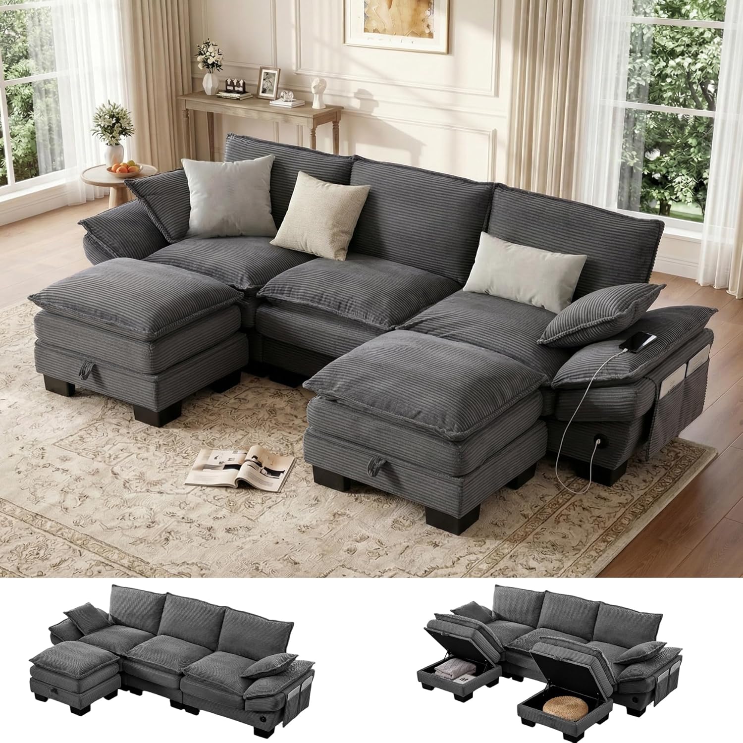 102" U Shaped Couch, Modular Sectional Sofa with Storage Ottoman, Comfy Fluffy Cloud Sectional Couches for Living Room, Modern Modular Sofa with USB Ports (Dark Grey | Cloud-Like Comfort, Flexible, USB Charging Ports, Hidden Storage, Durable
