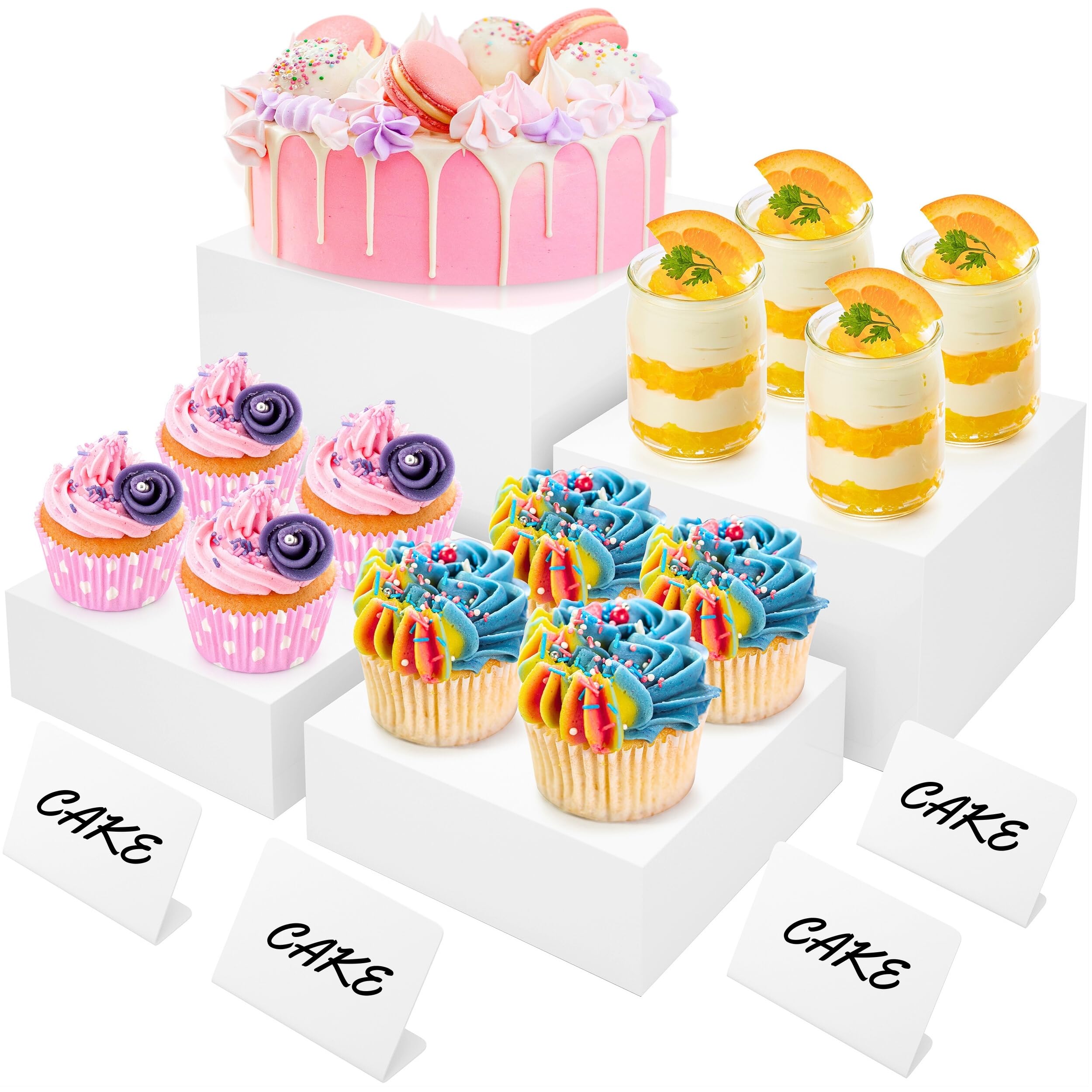 Elevadores de buffet de 8 pulgadas con mini carteles, elevadores de mesa, elevadores de buffet y soportes, caja de exhibición de cubos acrílicos para catering, fiesta, bufé, exhibición