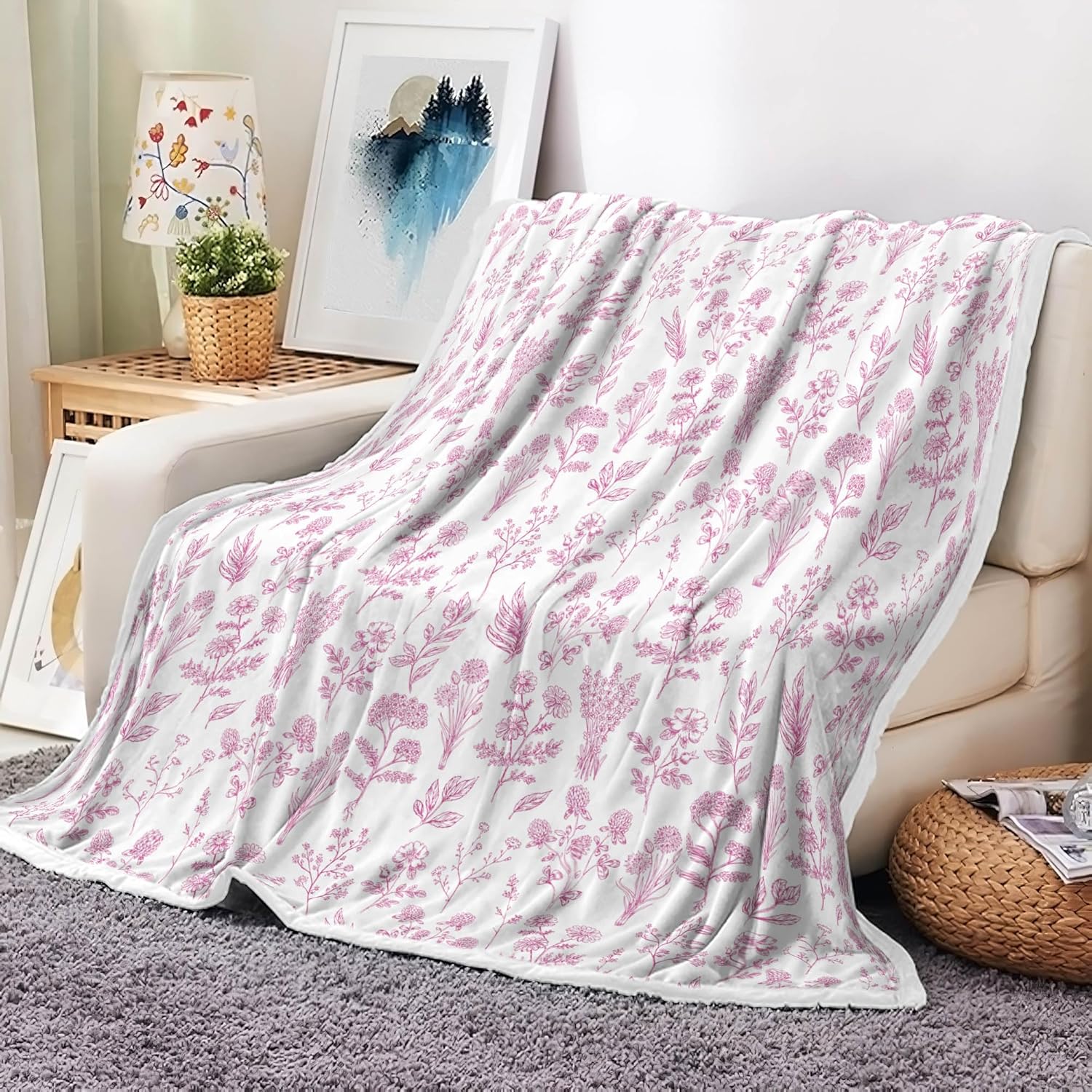 Blue Floral Throw Blanket, Soft Flannel, Warm, Boho Floral Aesthetic Bed Blanket All Season Throw for Couch, Bedroom, Living Room 60X90 Inch