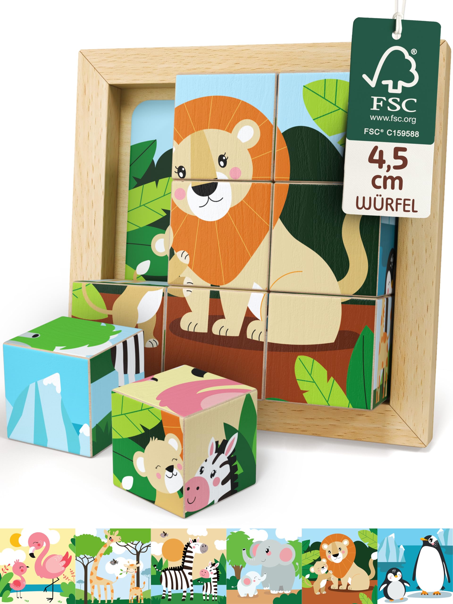 Merle Toys® 6-in-1 Würfelpuzzle ab 2 Jahre, 100% FSC-Buchenholz, Würfelpuzzle ab 3 Jahre, Bilderwürfel Holzpuzzle ab 2 Jahre, 4,5 cm große Würfel, Puzzle mit abgerundeten Ecken und Bildvorlagen, Löwe