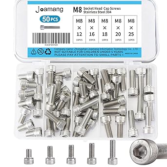 M8 x 12mm 16mm 18mm 20mm 25mm Hex Socket Head Cap Screws Bolts, Stainless Steel 304, Metric Allen Drive, Bright Finish, Fully Threaded, Assortment Kit 50PCS