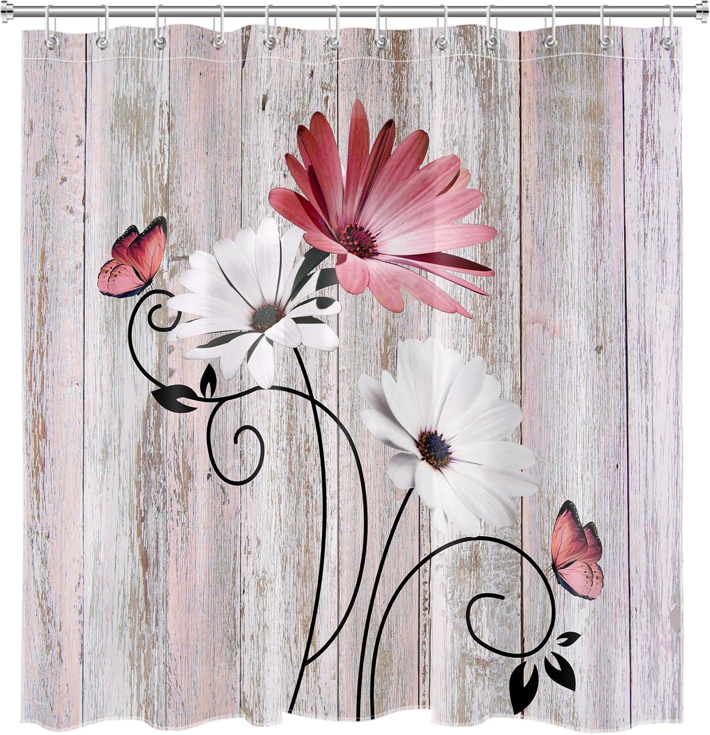 LB Country Floral Shower Curtain Sets with Rugs, Pink and White Daisy with Butterfly on Wood Bathroom Sets with Shower Curtain and Rugs, Rustic Plant Flower Bathroom Shower Curtain Set, 72x72 inches