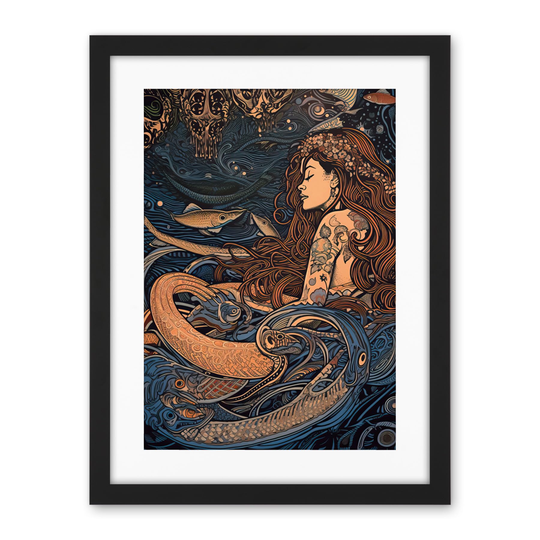 Artery8 Little Mermaid and Aquatic Animals Illustration Artwork Framed Wall Art Print 18X24 Inch