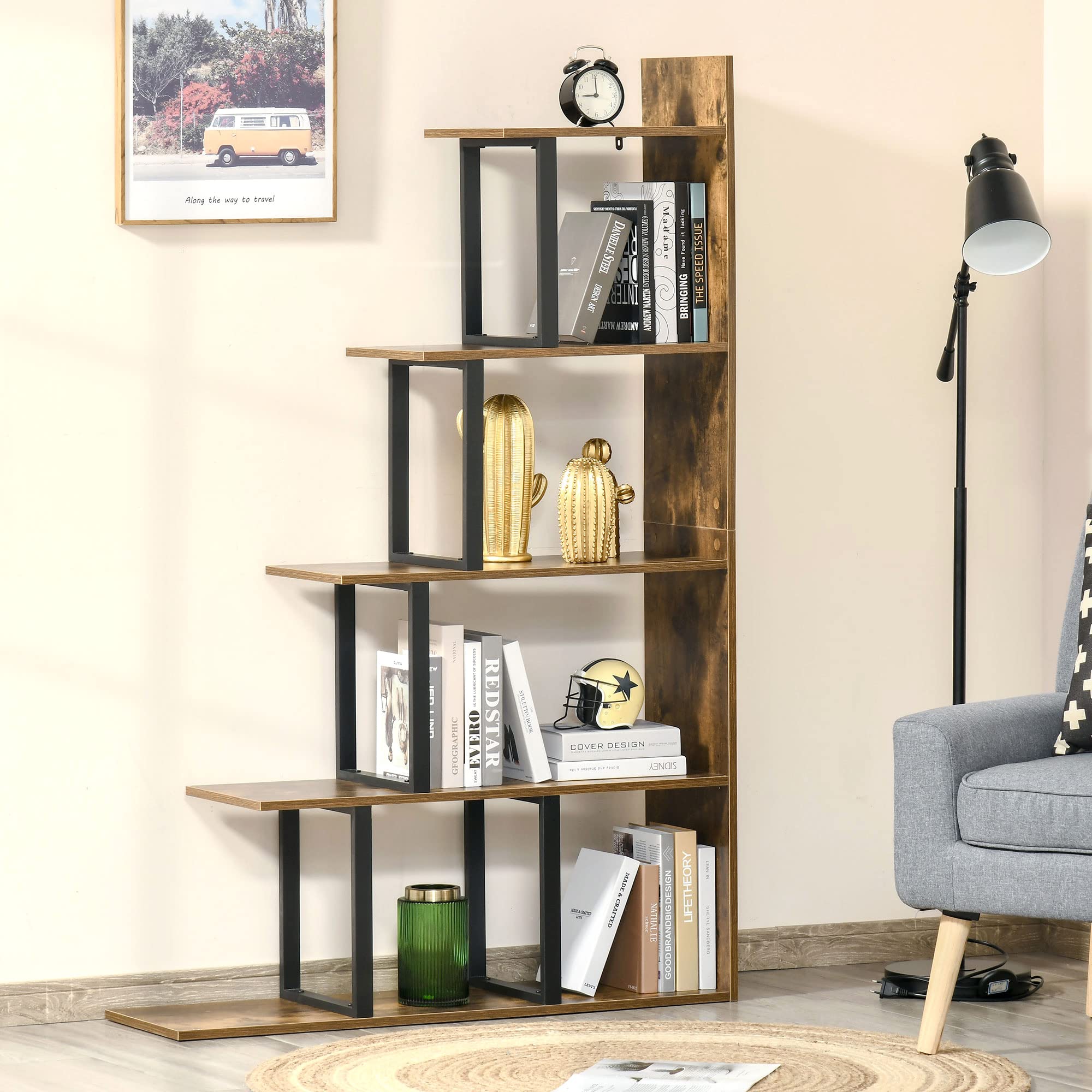 HOMCOM Libreria Antiribaltamento Stile Industriale, Scaffale Vintage con 5 Ripiani in Truciolato, 102x30x160cm