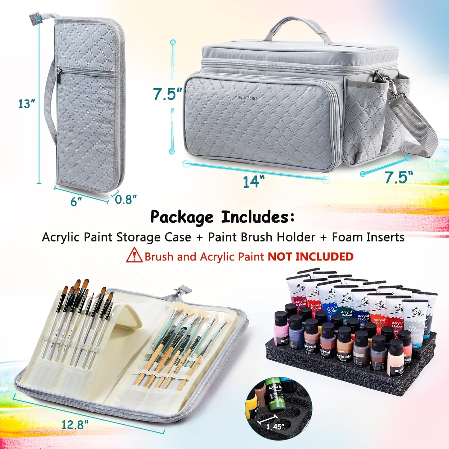SFYBYHEART Quilted Acrylic Paint Organizer Bag with 13" Brush Holder Case, Art Supply Storage Bag with Foam Inserts for Bottles & Tubes, Large Craft Paint Organizer for Artists