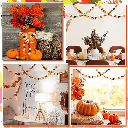 Miniatura 6 de Huwena 200 cuentas de madera de otoño para Acción de Gracias, cuentas de madera a cuadros de búfalo, pavo, calabaza, hoja de arce, cuentas de