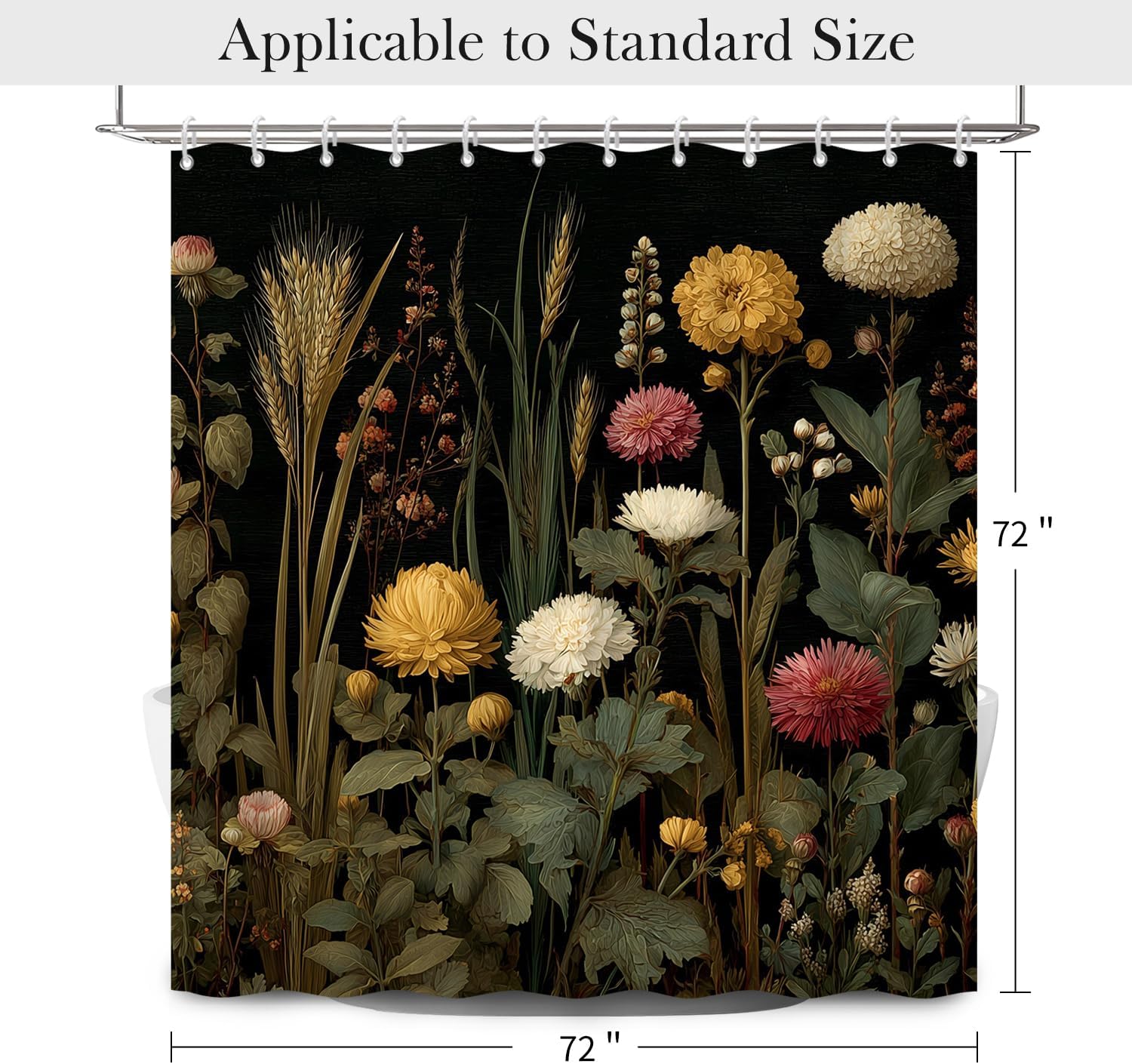 Dark Botanical Floral Shower Curtain with Hooks - 72x72 Inch Waterproof Fabric Shower Stall Curtain for Moody Rustic Bathroom Decor, Vintage Wildflowers Bath Curtain Interiors
