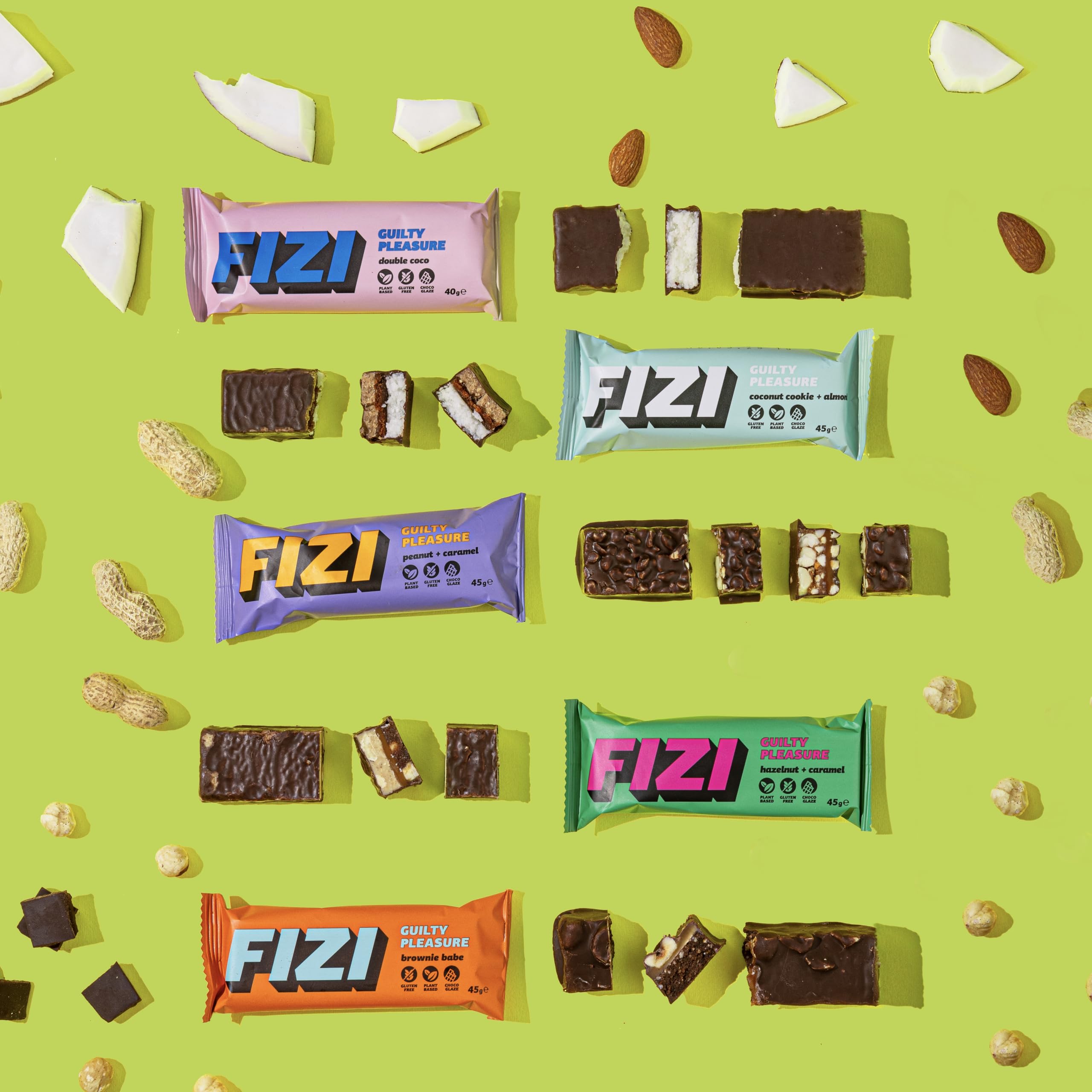 FIZI Czekoladowe Batony Wegańskie Zestaw mieszany, Batony Na bazie roślin, W czekoladowej polewie, Bez rafinowanego cukru, Bez glutenu, Bez GMO, Bez laktozy