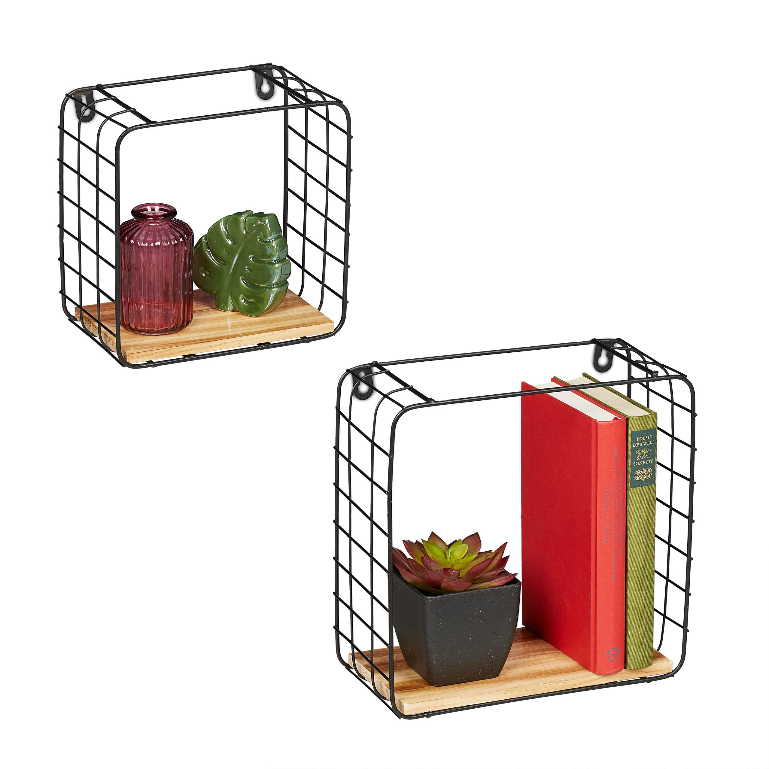 Étagère murale bois et métal Relaxdays set de 2 cubes de rangement brun clair