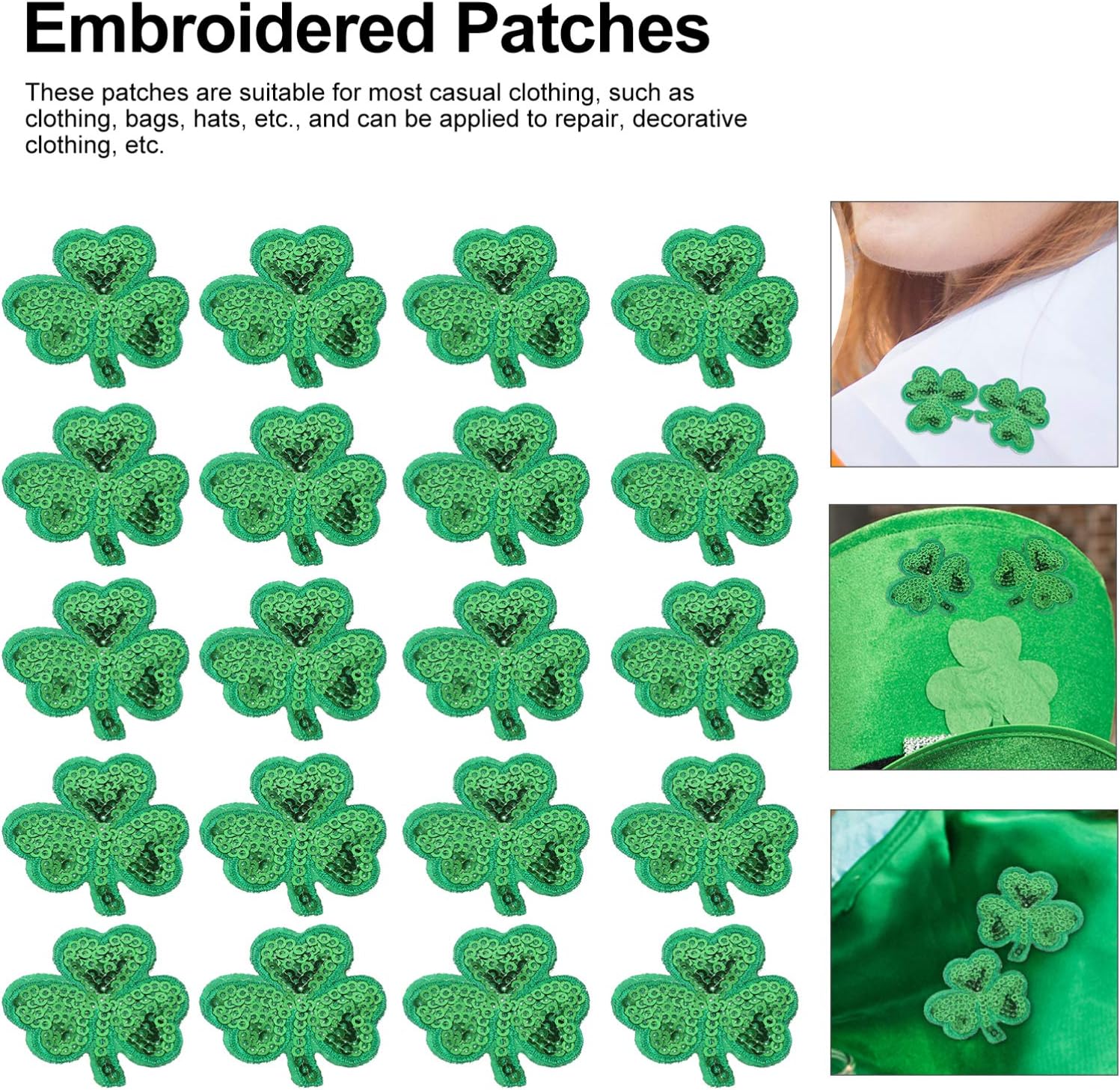 TOYANDONA 20 Pcs Sequins Shamrock Iron on Patches St. Patricks Day Clothes Appliques Sewing On Embroidery Patches DIY Sewing Crafts Supplies for Clothes Dress Decor