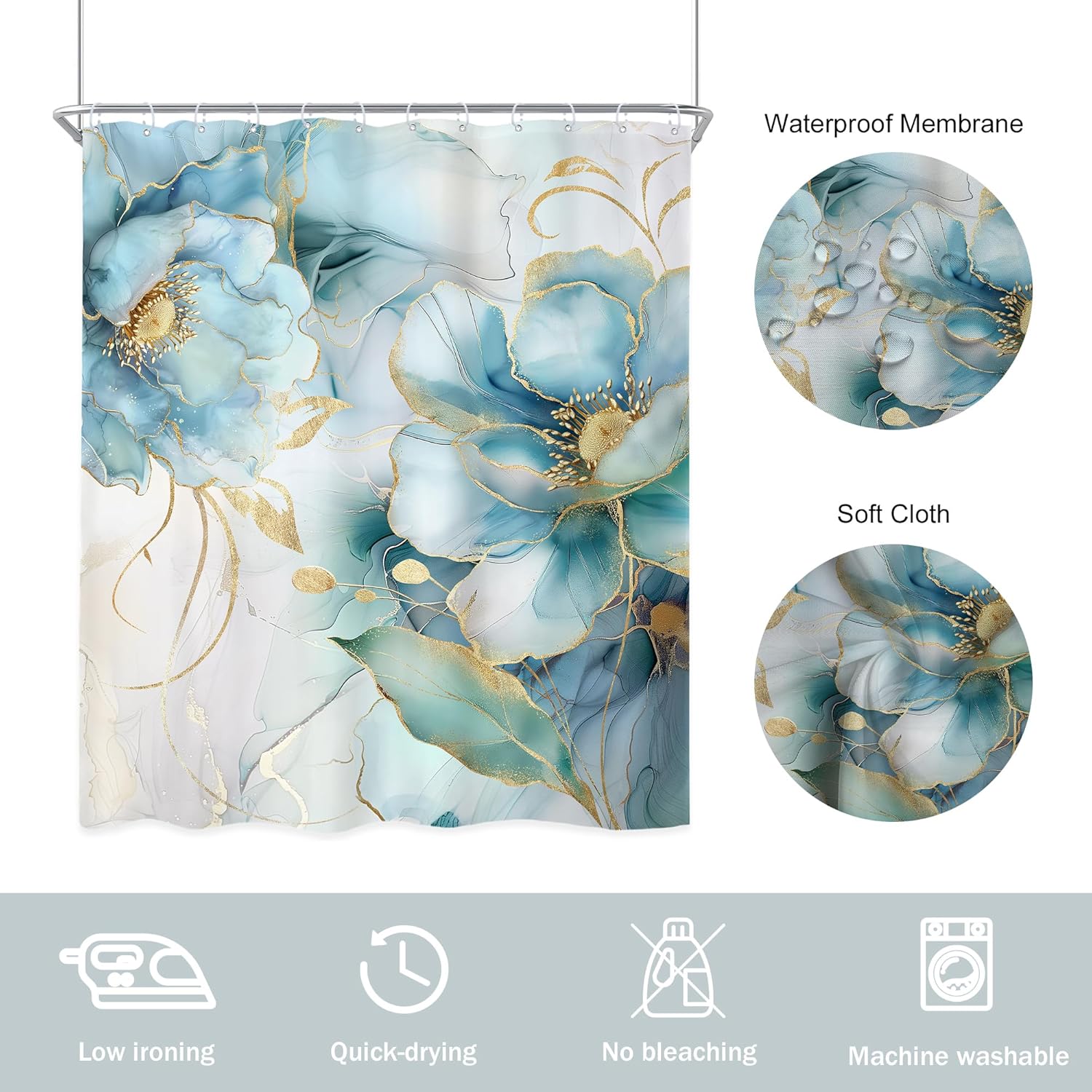 Newsely Marble Shower Curtain 72Wx84L Inch Teal Blue Gold Ombre Abstract Floral Flower Luxury Modern Ink Texture Minimalist Bathroom Set Elegant Girl Waterproof Bath Decoration Accessories Home Decor