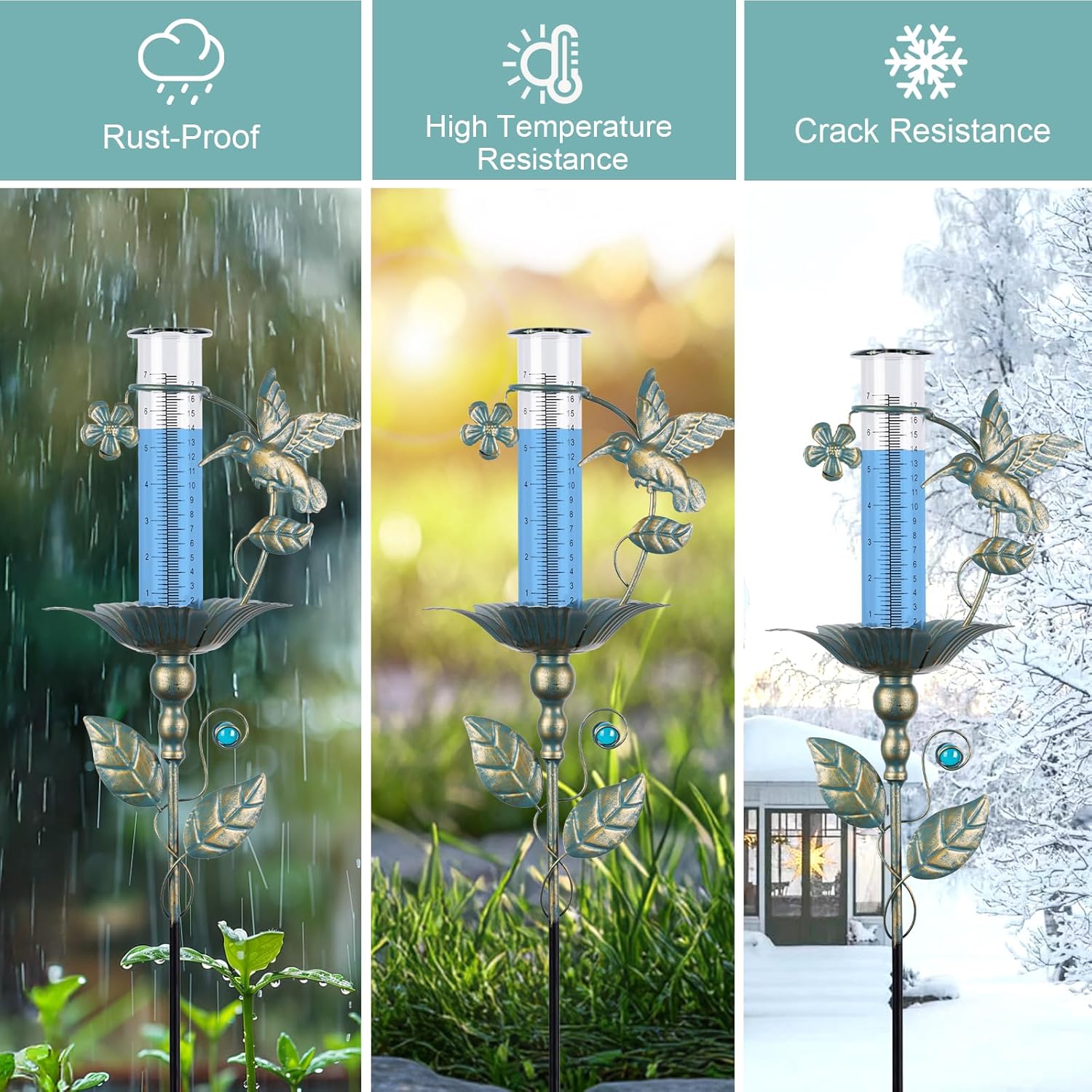 shumi Rain Gauge Outdoor Hummingbird, Upgraded Glass Rain Guage Outdoors Best Rated, Freeze Proof Adjustable Height Rain Gauges for Yard Garden Decor, Gardening Gifts for Women
