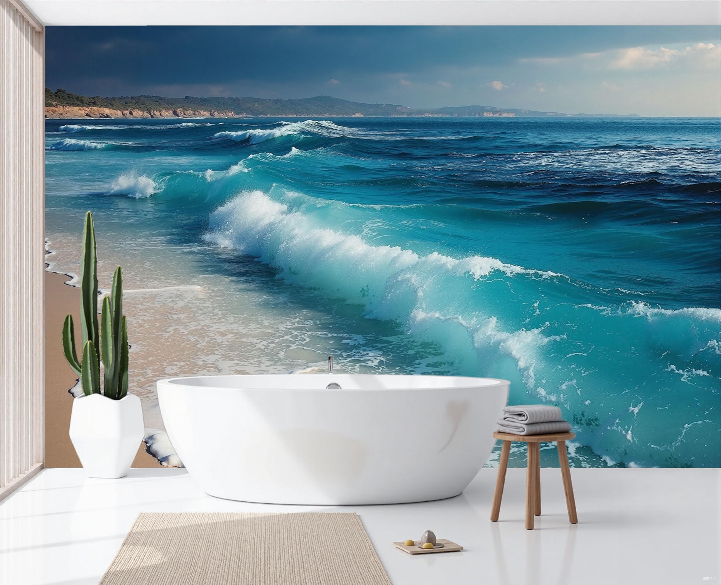 Papier peint panoramique plage cyan moderne 450x315cm en soie pour salon
