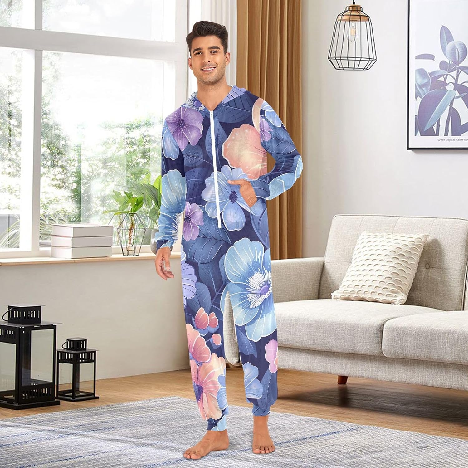 GAIREG Cute Flower Blue Christmas Onesie Adult Women, Mens Womens House Wear
