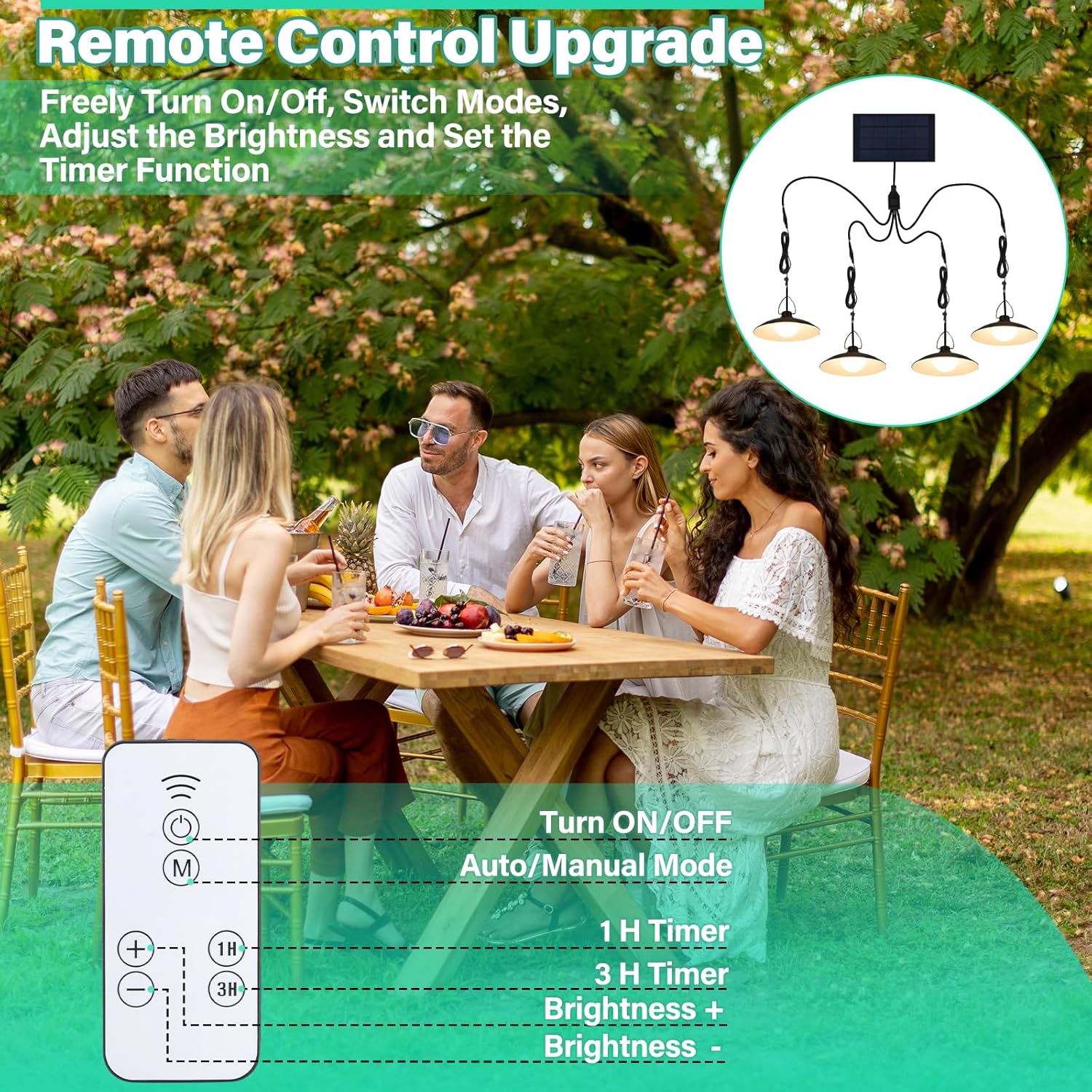 4 Heads Pendant Solar Shed Light, IP65 Waterproof Warm White Shed Indoor Lights with Remote Control for Patio Garden, Chicken Coop, Gazebo, Barn