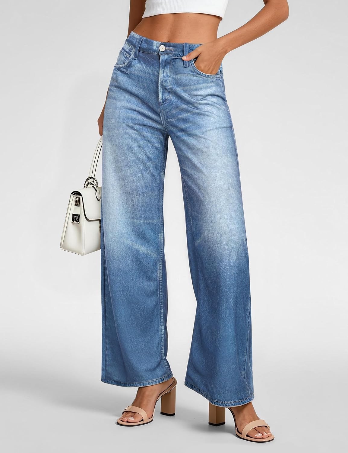 EUYZOU Womens Wide Leg Trendy Jeans Terry Look Like Denim High Waisted Baggy Loose Pants with Pocket - Image 2