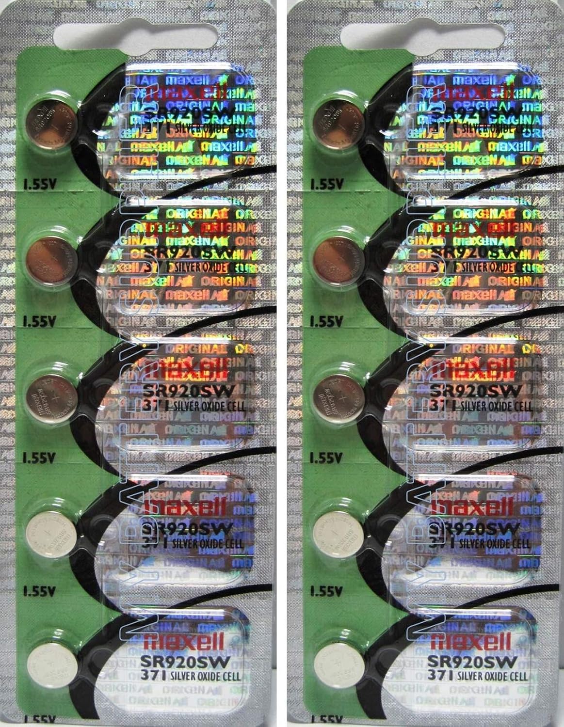 10 Maxell SR920SW Watch Battery Button Cell 371 - 2 Packs of 5 Batteries "New hologram packaging"
