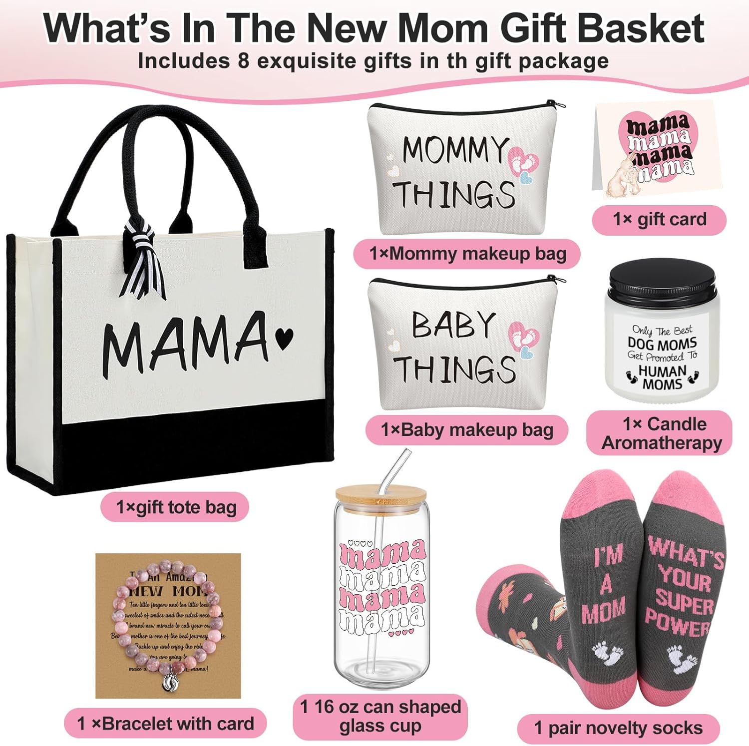 Bokon 8 Pcs New Mom Gift Set for Women After Birth Postpartum Gift First Time Mom Present Basket Tote Bags with Handle Mommy Baby Pouches Glass Jar Tumbler Scented Candle Socks Bracelet for New Mommy
