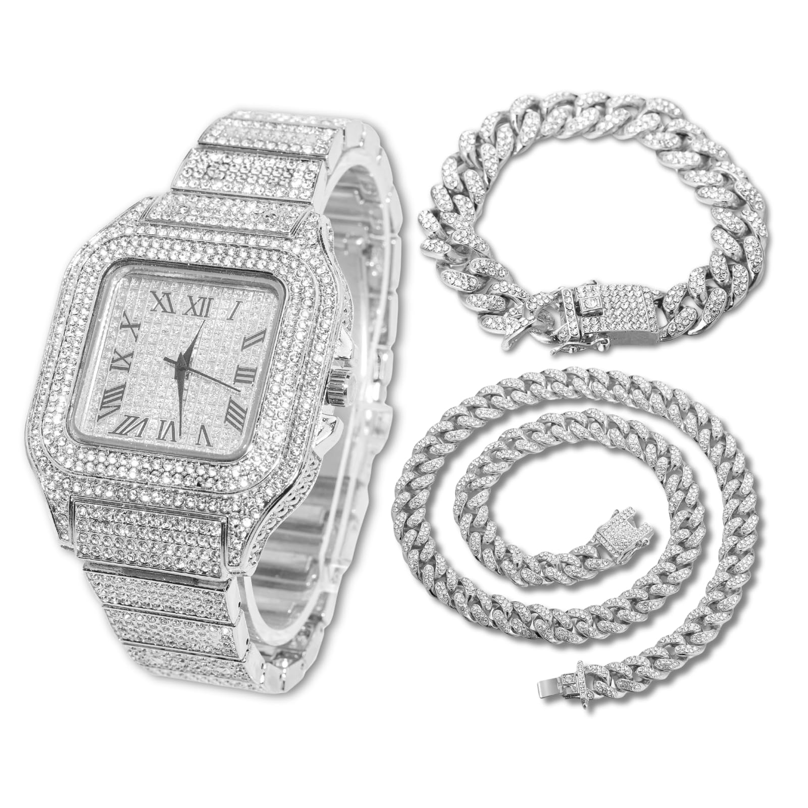 Halukakah Reloj de Diamante para Hombre ● Rey ● Chapado en Oro/Platino de 18 Quilates, Pulsera engastada con Diamantes de Laboratorio, con Pulsera de Collar Cubano, Caja de Regalo Disponible