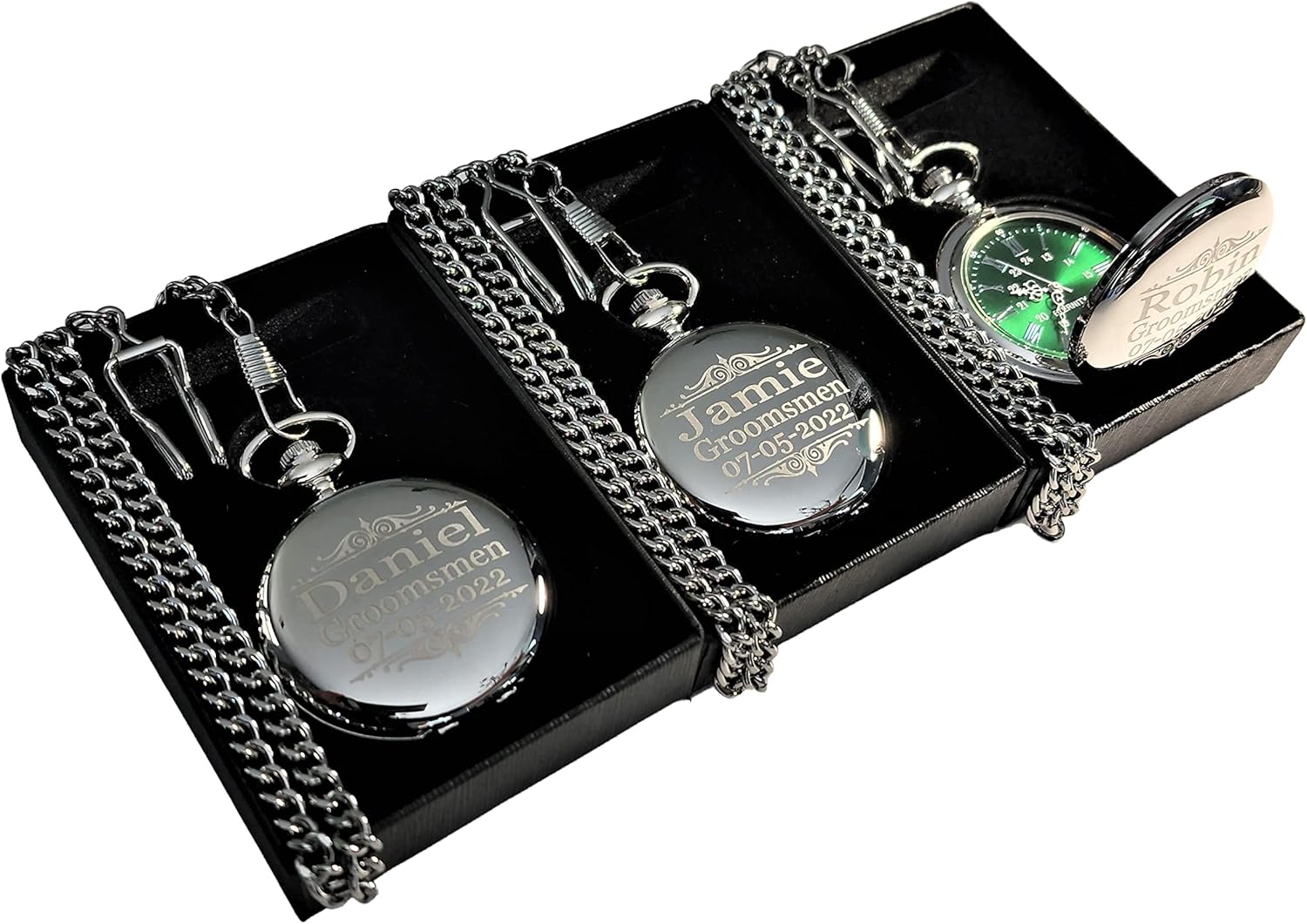 1 Engraved pocket watch - Comes with fitted custom box, chain and engraving. Green dial with Silver roman numerals, Personalized Wedding gifts