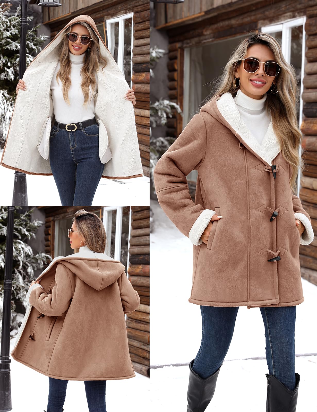 Svanco Manteau Femme Hiver Polaire Chaud Veste Longue Blouson Sweat à Capuche Épais Chic et Elegant Parka Grande Taille Sherpa Coat avec Bouton de Corne Casual Vêtements