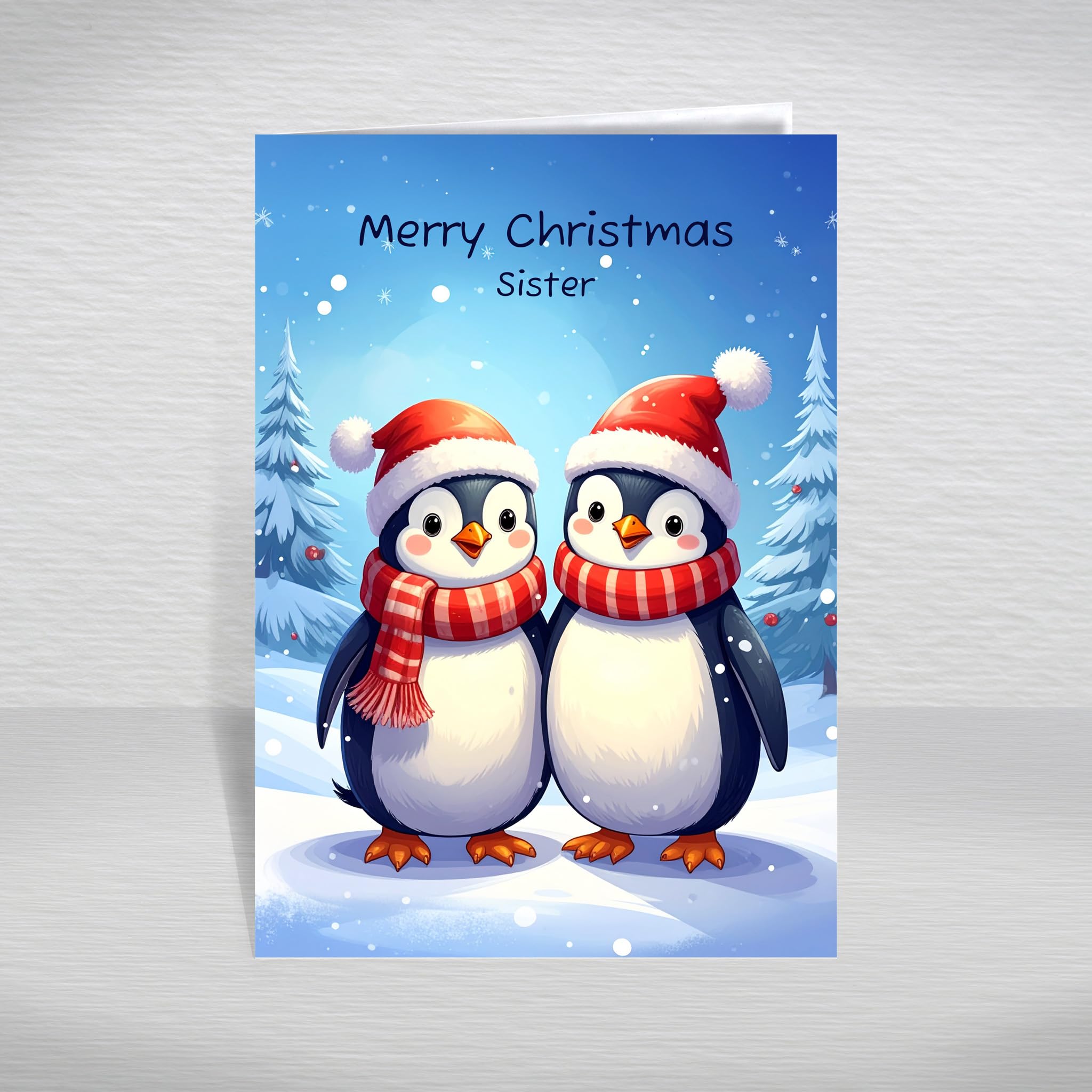 Christmas Card for Sister – Cute Penguins in Santa Hats Snowy Scene, A5 Kids Greeting Card with a Fun Special Verse Inside: Sister Christmas Card