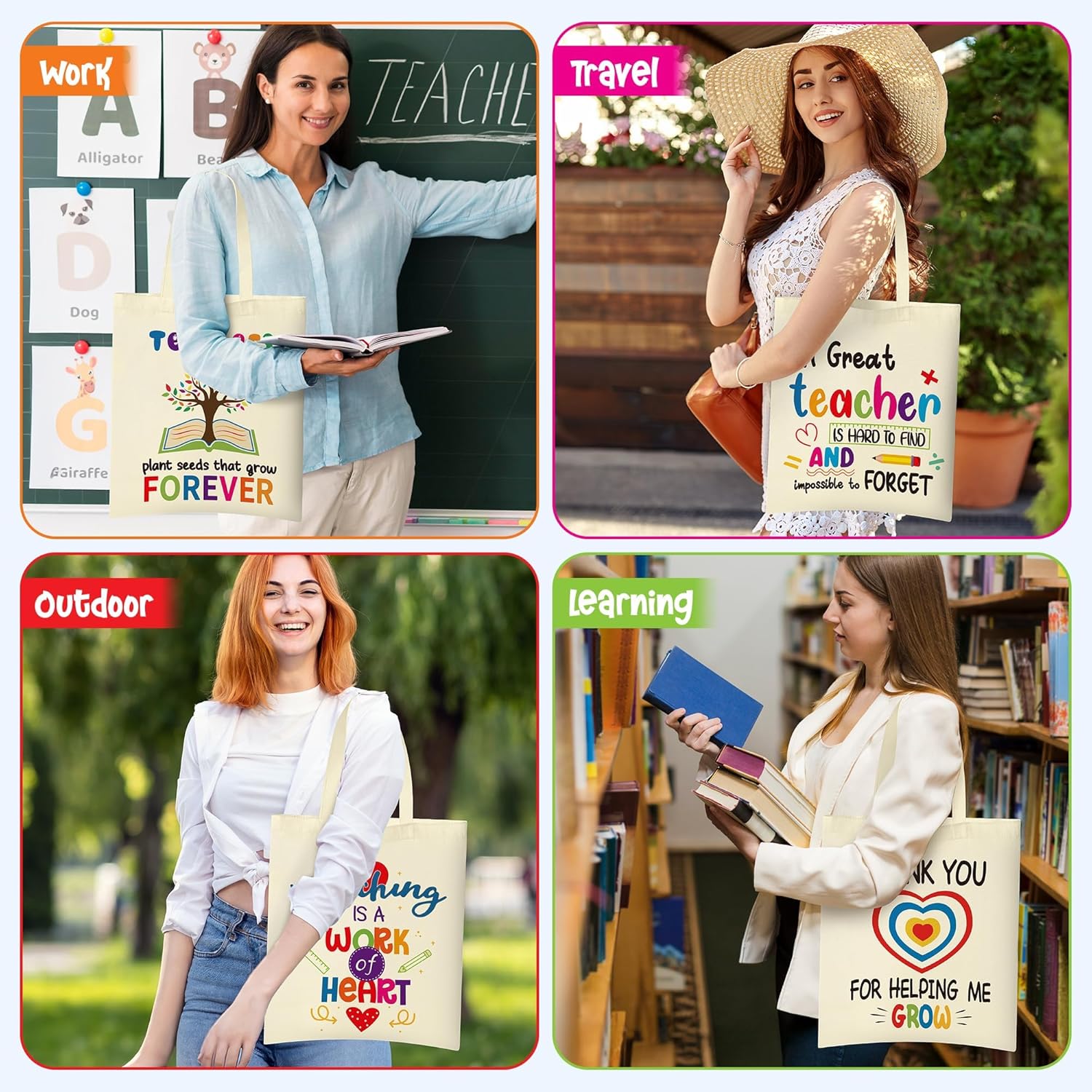 Y1tvei 6Pcs Teacher Appreciation Gift Canvas Tote Bags - Rainbow Heart Shopping Canvas Tote Bags for Men Women Travel, Reusable Cute Christmas Thanksgiving Birthday Party Gifts for A Great Teacher - Image 6