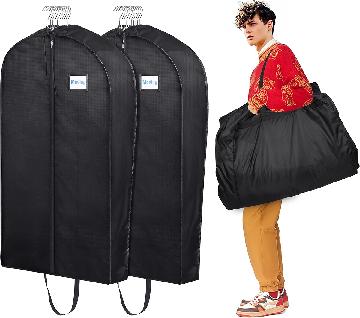 MISSLO Garment Bags for Travel Heavy Duty Moving Bags Large Capacity Hanging Clothes Bag for 20 Shirts Waterproof Fabric Suit Covers for Closet Storage 2 Packs, 43"