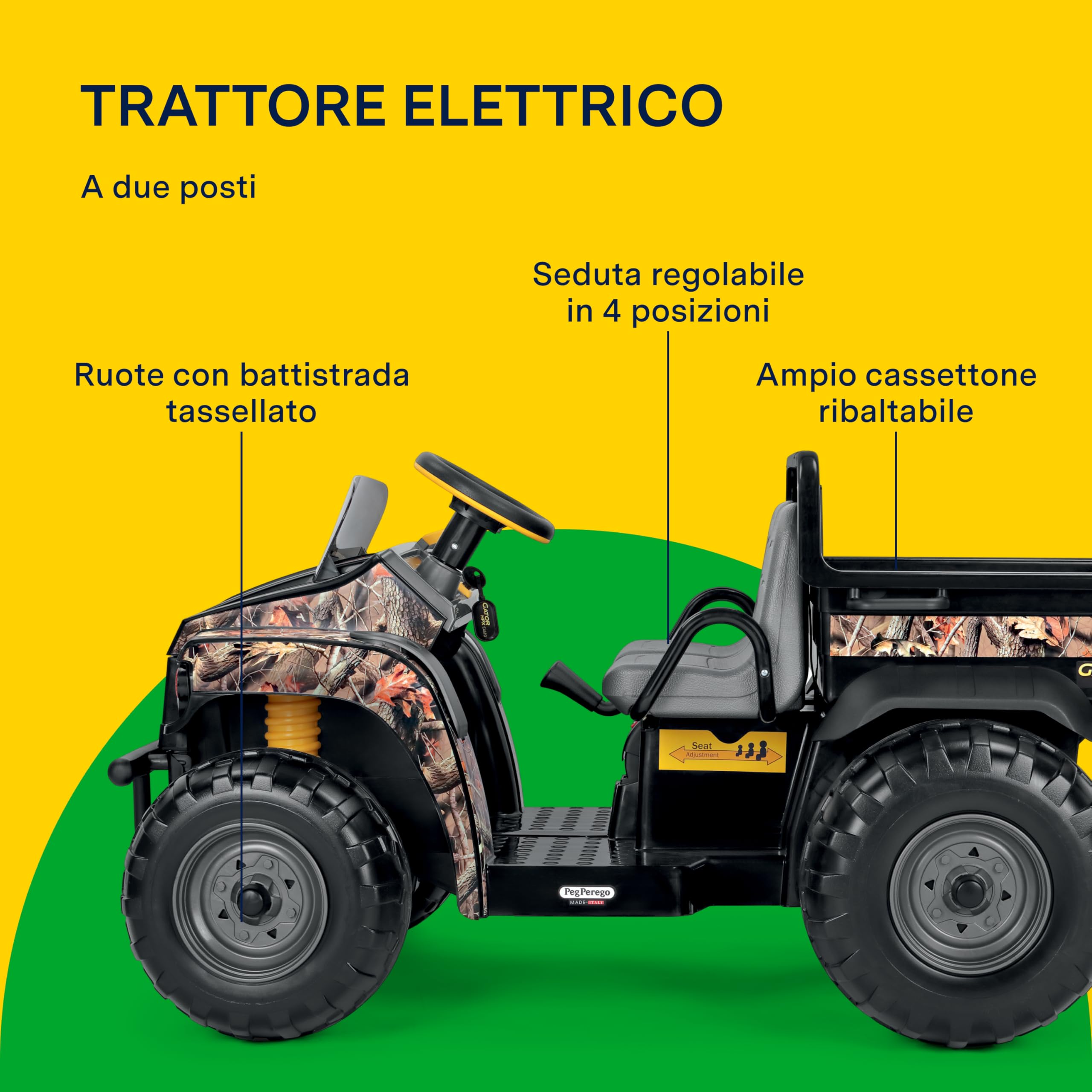 PEG John Deere Gator HPX Camo - Trattore Elettrico Cavalcabile per Bambini dai 3 Anni, Utility Vehicle Elettrico con Cassone Ribaltabile e Clacson, Batteria Ricaricabile da 12V