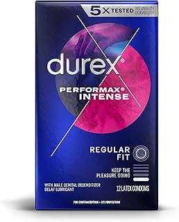 Durex Performax Intense Condoms, Ultra Fine, Ribbed, Dotted with Delay Lubricant Natural Rubber Latex Condoms for Men, FSA & HSA Eligible, 12 Count (Packaging May Vary) (Pack of 2)