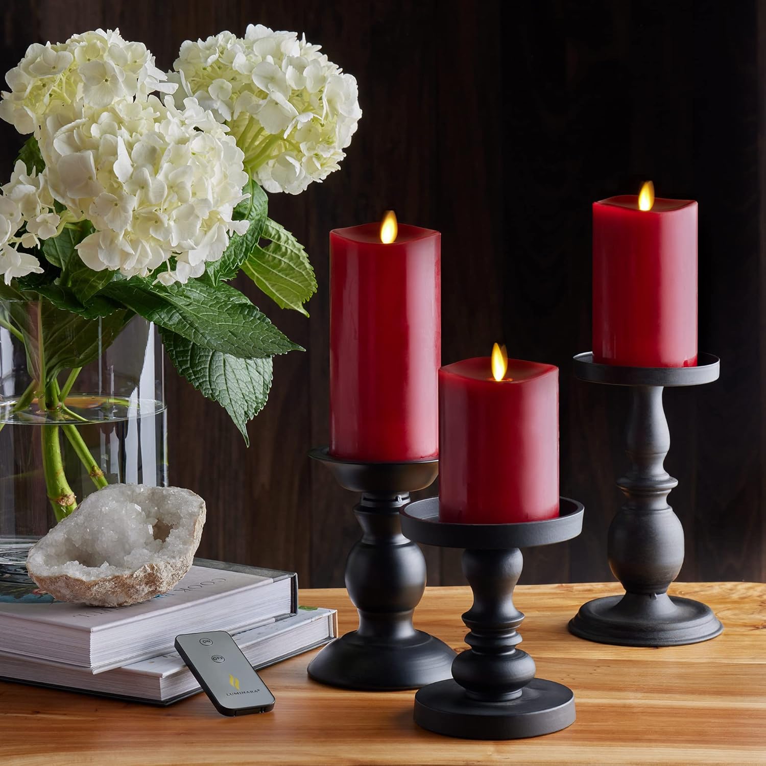 Luminara Flameless Flickering Melted Edge 3" x 4.5" Candle, Battery Operated & Timer Function, Remote Ready (Sold Separately), Unscented Paraffin Burgundy Wax LED Light Pillar, Christmas Holiday Décor