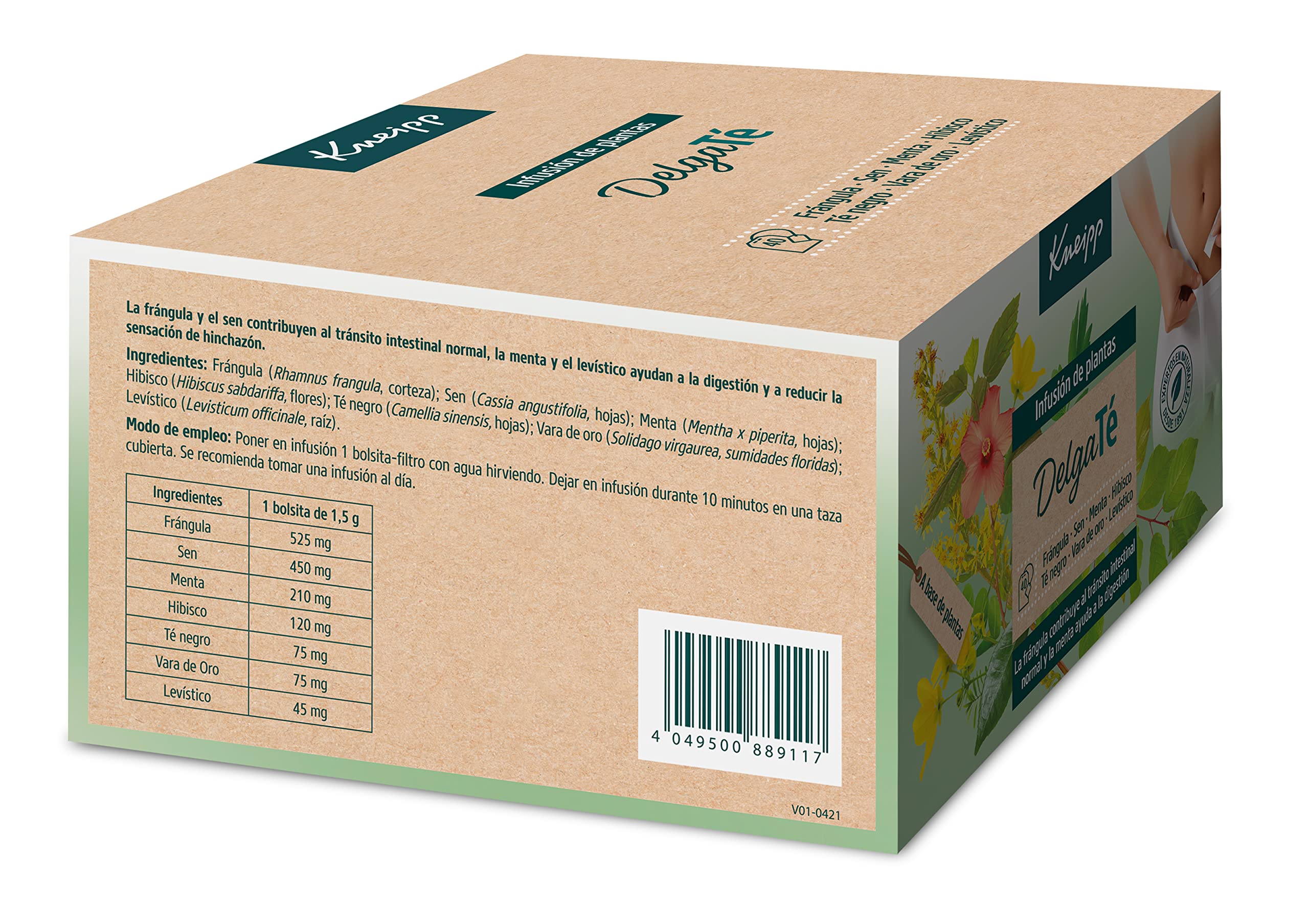 Kneipp DelgaTé, Infusión de Hierbas, Laxante Natural para Retención de Líquidos y Estreñimiento, con Manzanilla, Frángula, Menta, Sen, Hibiscus, Solidago y Levístico, 40 Bolsitas