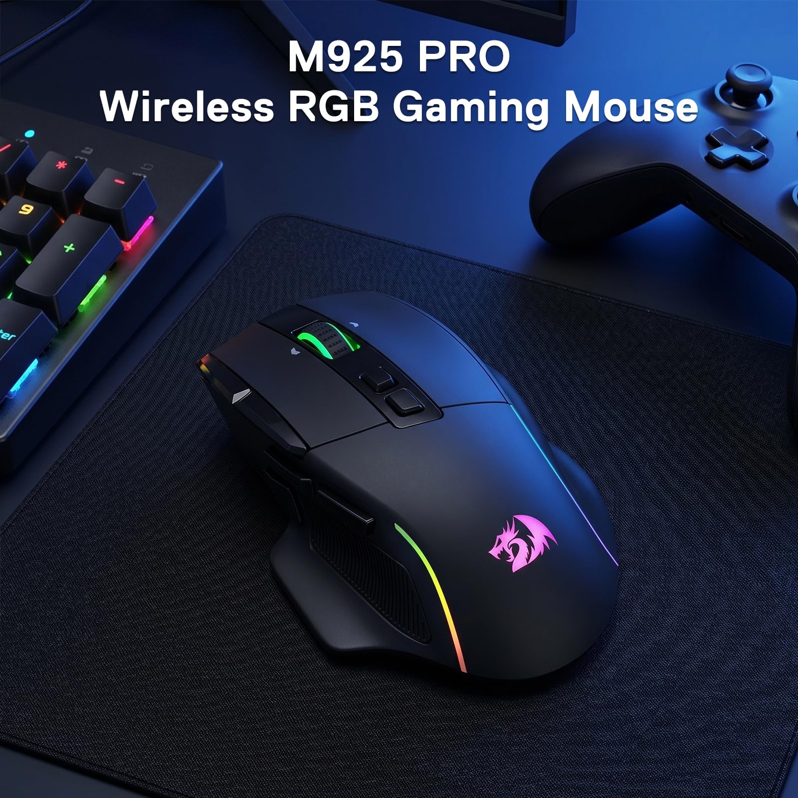 Redragon M925 Pro Souris Gamer sans Fil Optique RGB, DPI Max 26000, 10 Boutons Programmables, Molette Ultra-Rapide, Logiciel de Personnalisation des Raccourcis et DPI, Couleur Noire