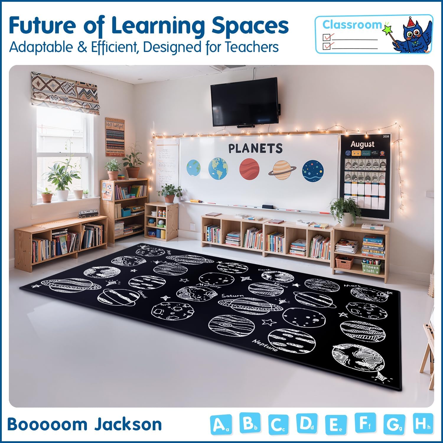 Booooom Jackson Classroom Rug Elementary, Large Black&White Kid Rugs Fade-Resistant with 24 Seats WavePattern Carpet Seating Rug for Preschool, Kindergarten 7'5''x13' Nylon Material