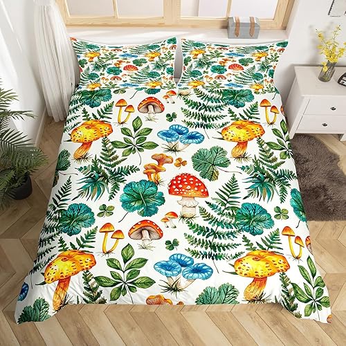 Miniatura 22 de Juego de funda de edredón de 3 piezas, diseño de hongos, diseño de hojas botánicas de acuarela y fresa, para niños, adolescentes, adultos, libélula