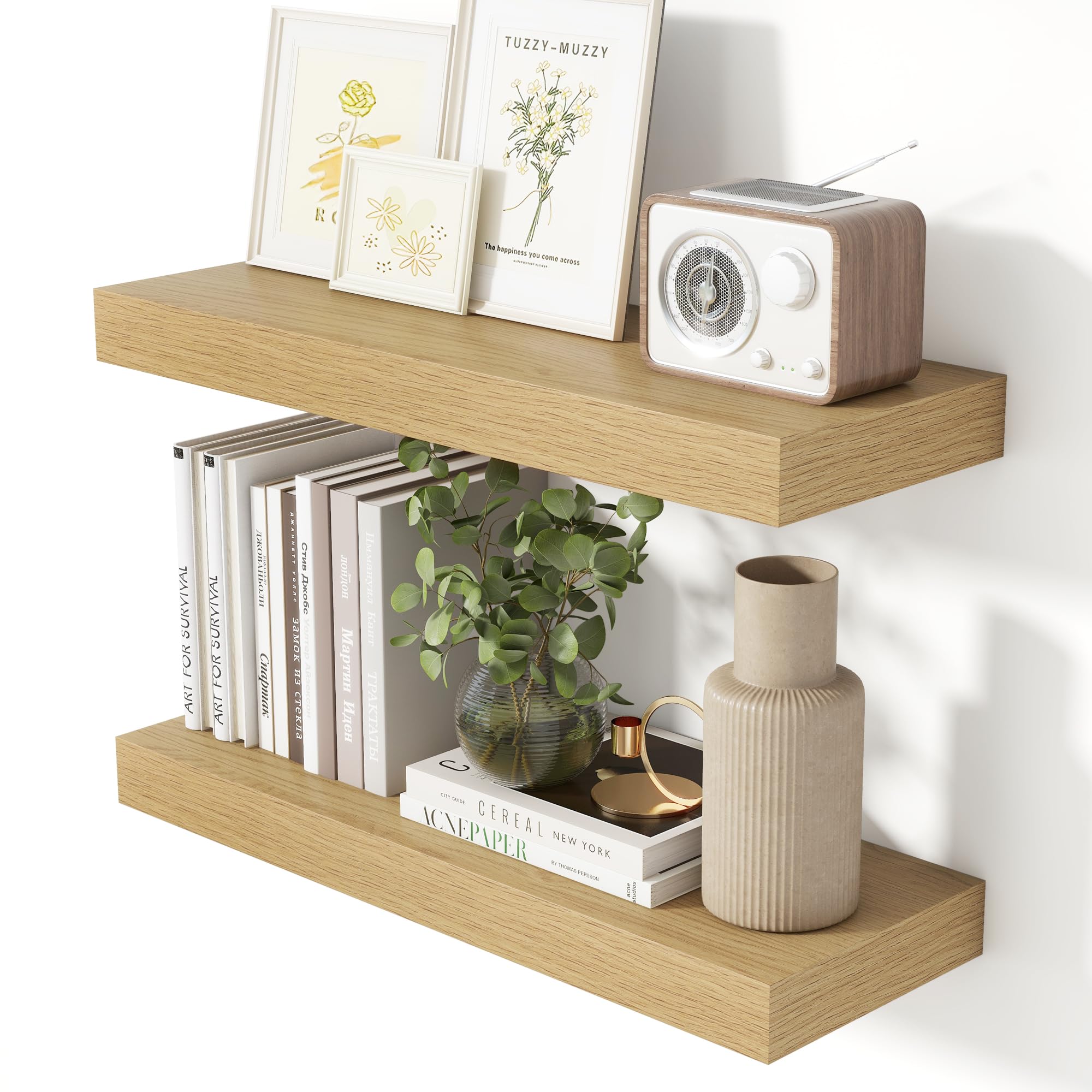 Heimlove Floating Shelves, Set of 2 Floating Shelf 60cm, Oak Wooden Shelves, Wall Mounted Shelves for Wall, Book Shelf for Living, Bathroom, Kitchen Bedroom and Home Decor