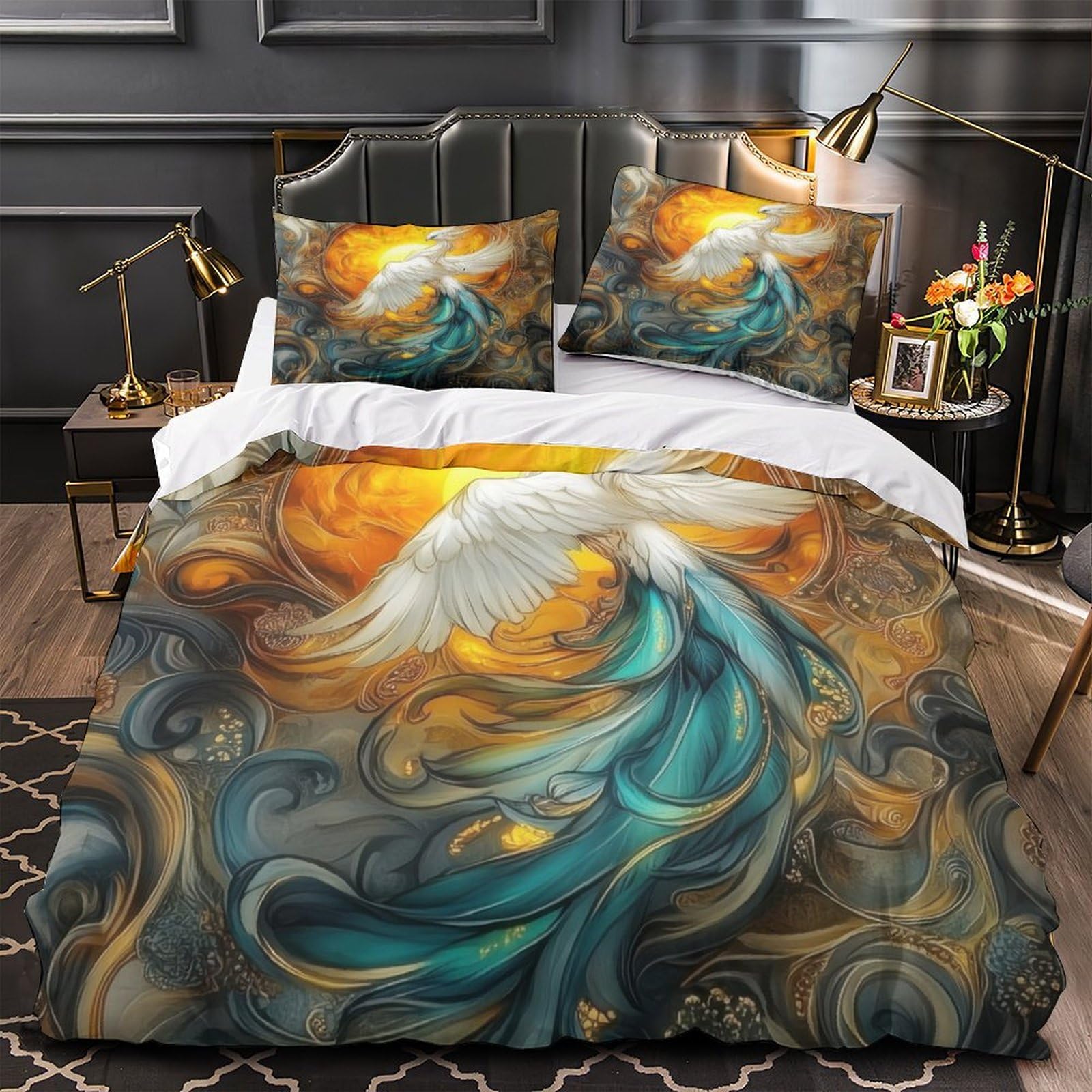 Parure de lit oiseau mythique anti-plis et housse de couette zippée pour lit simple fille