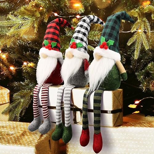 3Pcs Christmas Gnomes Plush - Xmas Gnomes Santa Scandinavian Tomte Ornaments - Buffalo Check Plaid Christmas Doll - Xmas Decorations for Home, Office, Indoor for Women, Gnomes Lovers