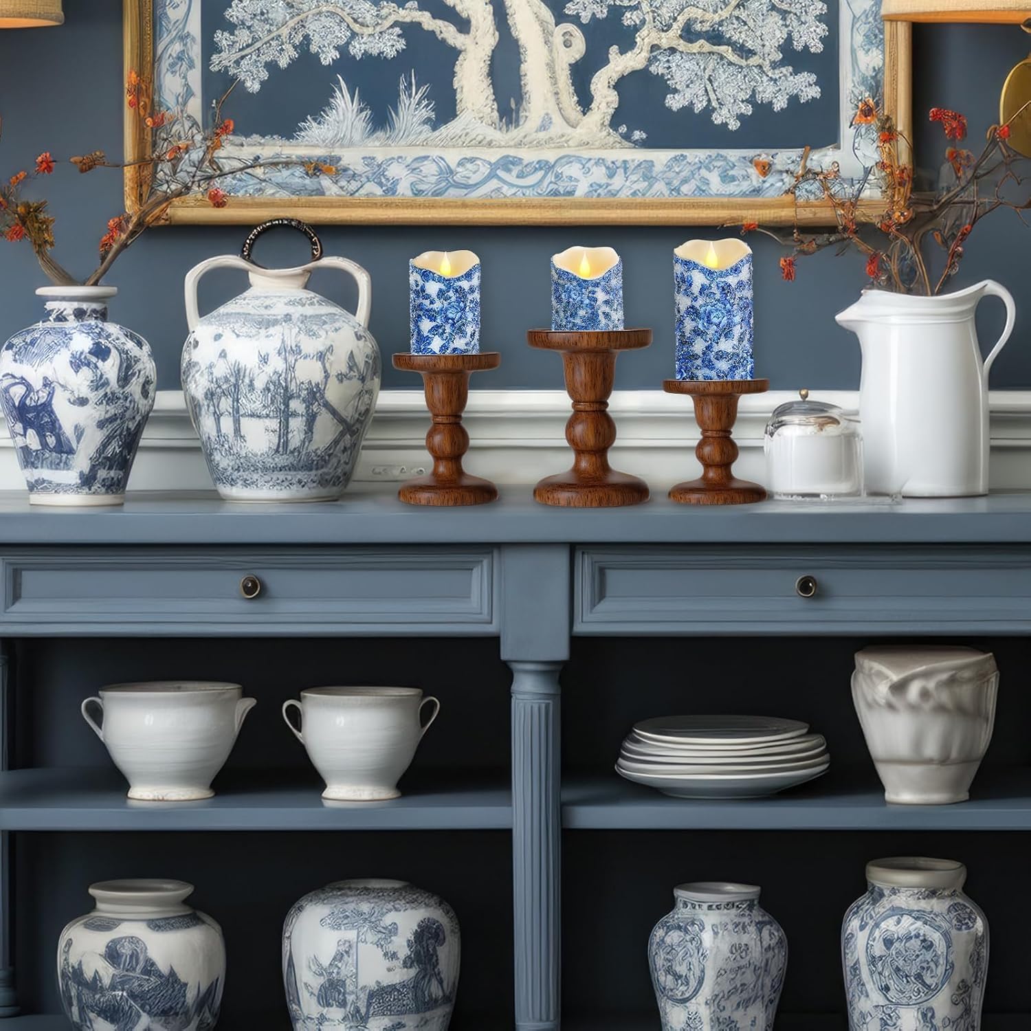 3 Pcs Blue and White Flameless Candles, Chinoiserie Decor Battery Operated LED Candles with Remote and Timer, Blue Candles with Floral Print, Wave Top Pillar Faux Candles for Wedding Home