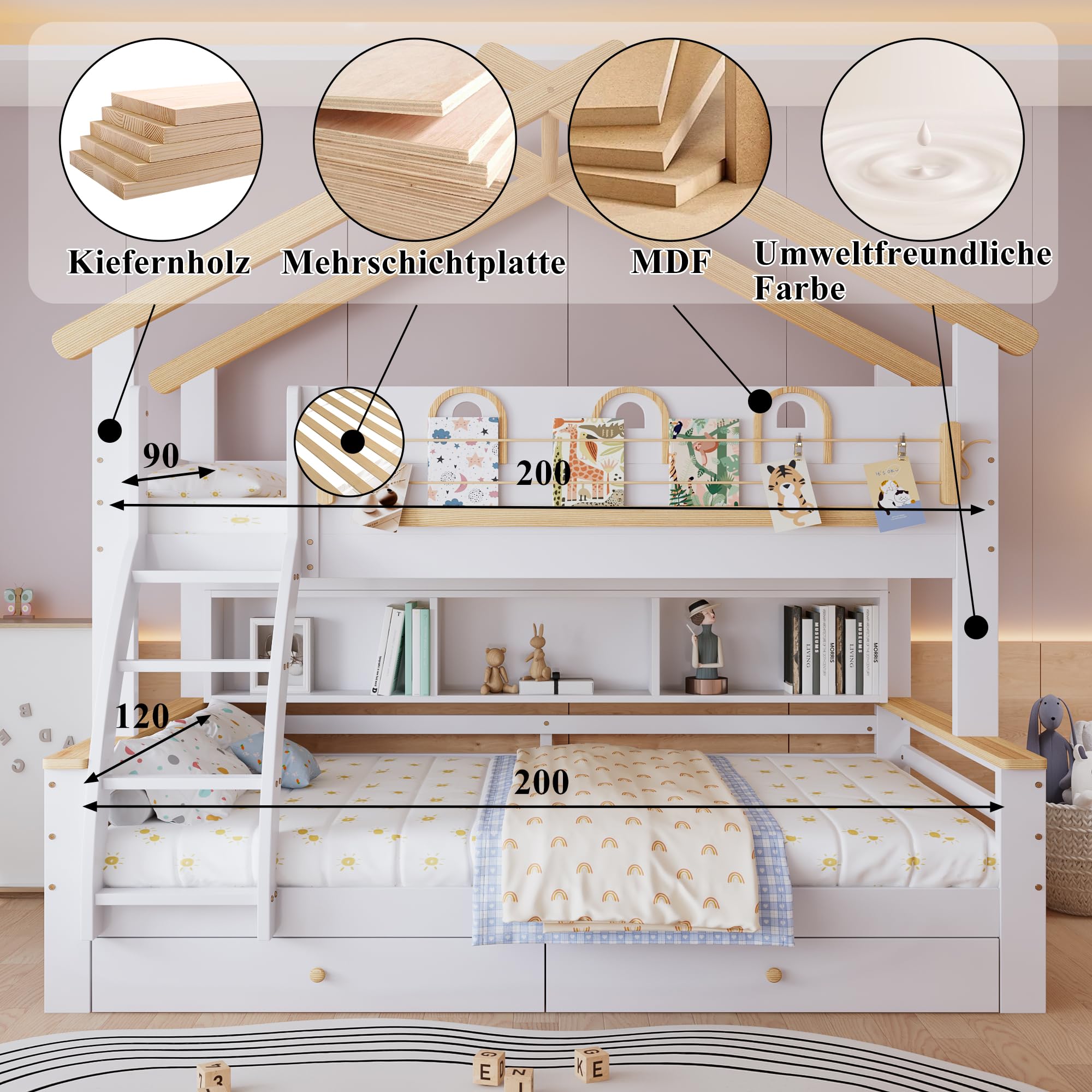 Litera, cuna, dos cajones con ruedas, exquisita barandilla decorativa y diseño de techo, escalera inclinada de cuatro pisos, pino + MDF, blanco + natural, 90 x 200 cm y 120 x 200 cm