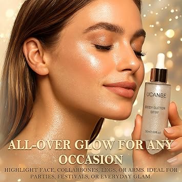 Liquid Glitter Highlighter Glow Drops Face Highlighter & Body Shimmer Makeup, Illuminating Radiant Glow for Festival Rave Party, Long Lasting 01 Champagne Gold