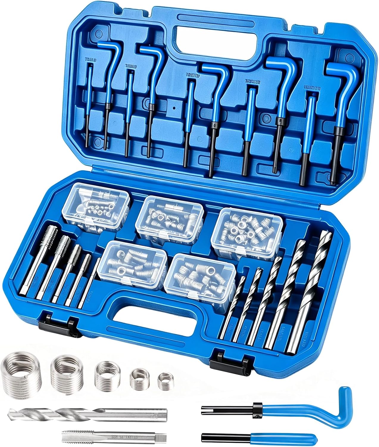 FreeTec 151-Piece Helicoil Thread Repair Kit, M5 M6 M8 M10 M12 Heli Coil Set, Thread Repair Kit Helicoil with HSS Drills & Thread Tools for Aluminium for Car Engine Cylinder Oil Pan (Blue)