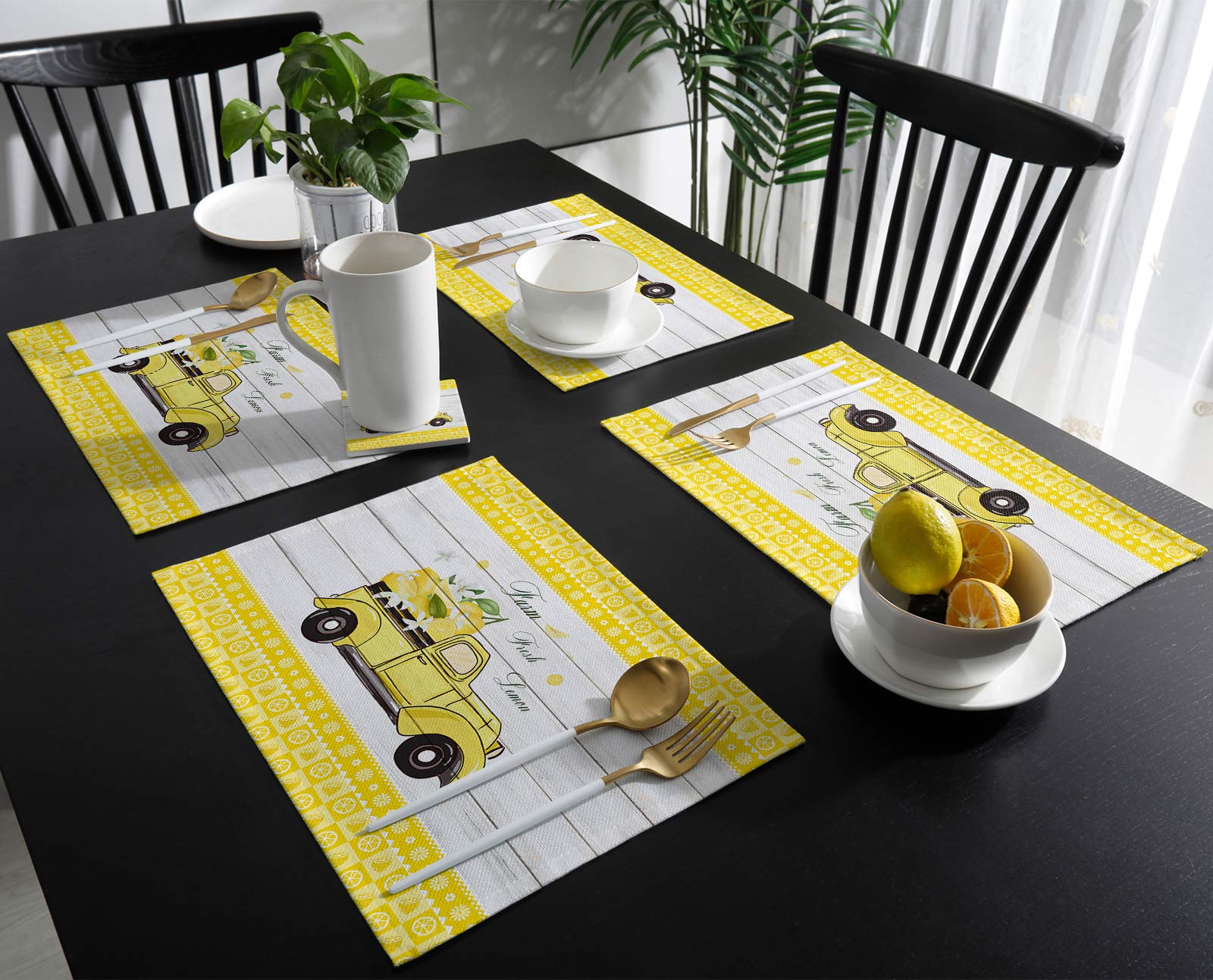 Yun Nist Placemats Set of 4,Summer Lemon Farm Yellow Truck Flower Heat Resistant Placemat Waterproof Table Mats,Retro Wood Plank for Dining Tables Holiday Party Kitchen Decor