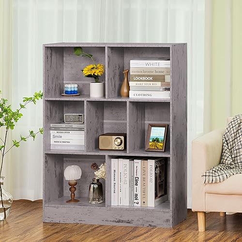 Miniatura 6 de LEYAOYAO Estantería de 7 cubos con base, estantería gris moderna de 3 niveles de mediados de siglo, estantes organizadores de almacenamiento,