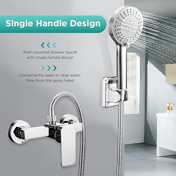 Wall Mounted Shower Mixer Tap Set Manual Exposed Shower Mixer Valve with G1/2 Outlet (UP) Bathroom Tub Mixer Tap Chrome Shower Faucet with 3-Spray Shower Head, Holder, 1.5M Hose